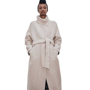 ZARA | Beige Textured Chevron Wool Blend Long Coat with a Tie Belt size Small